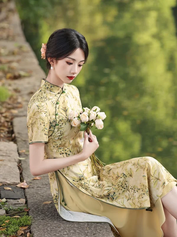 Kf S3deadf75a86341a7a38e438d48183aa9y Mandarin Collar Chinese Style Short Sleeve Cheongsams Woman Traditional Dress Floral Print Aodai Qipao Mandarin Collar Chinese Style Short Sleeve Cheongsams Woman Traditional Dress Floral Print Aodai Qipao