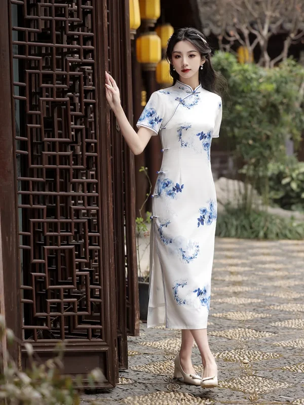 Kf S3e6ea47f03e04b34a2168df91d2da8e1t Chinese Style Improved Qipao 2024 Spring Summer New Ink Painting Blue White Porcelain Printing Retro Women Chinese Style Improved Qipao Spring/summer New Ink Painting Blue White Porcelain Printing Retro Women's Cheongsam Dress