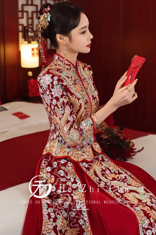 Kf S3fb5c199be204409a8f332ed42b8ff98m Vintage Dragon And Phoenix Embroidery Wedding Dress Velour Cheongsam Chinese Style Marriage Set Bride Costume Toast Vintage Dragon and Phoenix Embroidery Wedding Dress Velour Cheongsam Chinese Style Marriage Set Bride Costume Toast Clothing