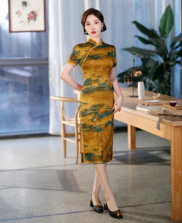 Kf S41449cc168f2495c907c8b52f7d8b9b0d Summer Improved Yellow Print Cheongsam Chinese Style Women Party Short Sleeve Qipao Summer Improved Yellow Print Cheongsam Chinese Style Women Party Short Sleeve Qipao