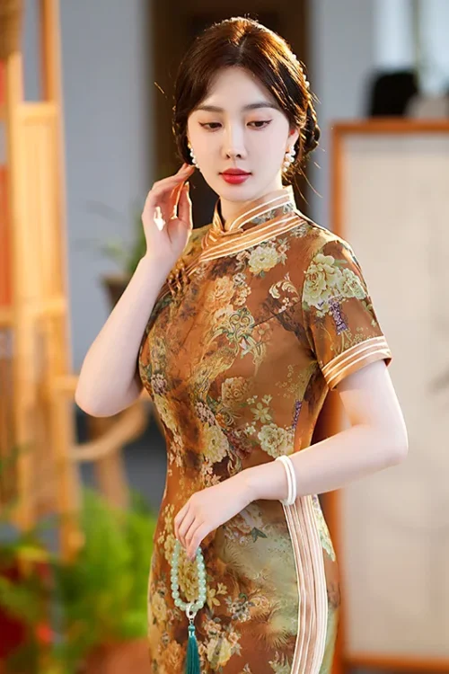 Kf S41ce530ccba84b93897b716afd7369b3y Yourqipao Summer Long Slit Yellow Cheongsam Elegant Ladies Slim Improved Qipao Chinese Traditional Style Evening Dress Summer Long Slit Yellow Cheongsam Elegant Ladies Slim Improved Qipao Chinese Traditional Style Evening Dress for Women