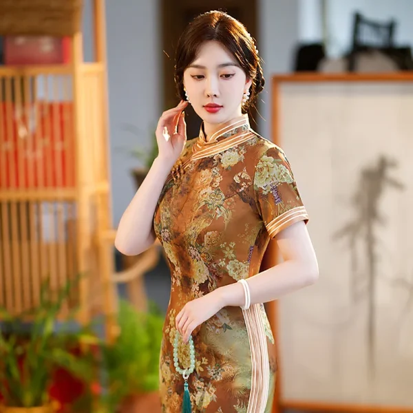 Kf S41ce530ccba84b93897b716afd7369b3y Yourqipao Summer Long Slit Yellow Cheongsam Elegant Ladies Slim Improved Qipao Chinese Traditional Style Evening Dress Summer Long Slit Yellow Cheongsam Elegant Ladies Slim Improved Qipao Chinese Traditional Style Evening Dress for Women