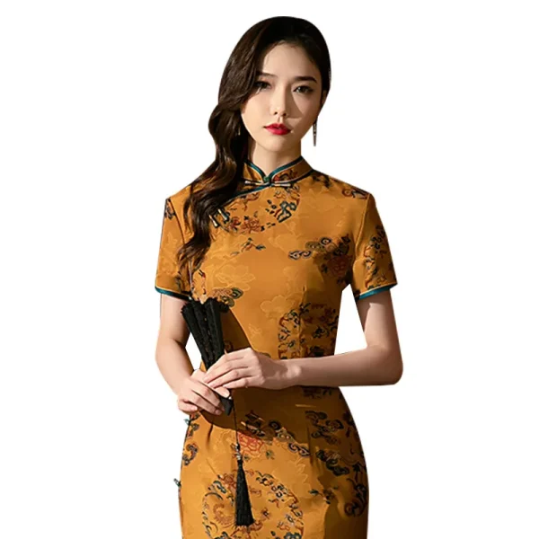 Kf S41e5d3774dca4a2eba320a95282e1a433 Spring Summer New Women Yellow Qipao Short Sleeve Lady Party Dress Female Chinese Traditional Catwalk Cheongsam Spring Summer New Women Yellow Qipao Short Sleeve Lady Party Dress Female Chinese Traditional Catwalk Cheongsam