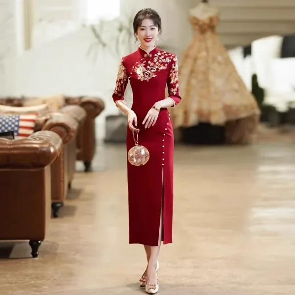 Kf S4449abff925449e49afc37650fdcb444q Burgundy Wedding Cheongsam Engagement Dress New Chinese Qipao Toast Clothes Retro Mandarin Collar Improved Sexy Slit Wedding Cheongsam Engagement Dress New Chinese Qipao Toast Clothes Retro Mandarin Collar Improved Sexy Slit Slim Dress