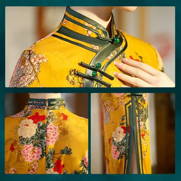 Kf S45800a0d67bb4d9086e619ed59f9d7a9o 2024 Spring And Summer New Women S Yellow Stand Collar Long Fashion Retro Floral Chinese Fit Spring and Summer New Women's Yellow Stand Collar Long Fashion Retro Floral Chinese Fit Cheongsam Gold Dress Chinese Qipao