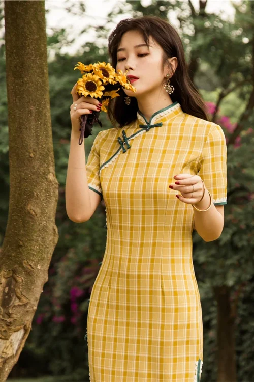 Kf S4676e461762a45cab4aa8f15dcf37fa8i Yellow Plaid Long Cheongsam Women S Short Sleeve Chinese Style Literary Fresh Split Retro Qipao Dress Yellow Plaid Long Cheongsam Women's Short-sleeve Chinese Style Literary Fresh Split Retro Qipao Dress Women Hanfu