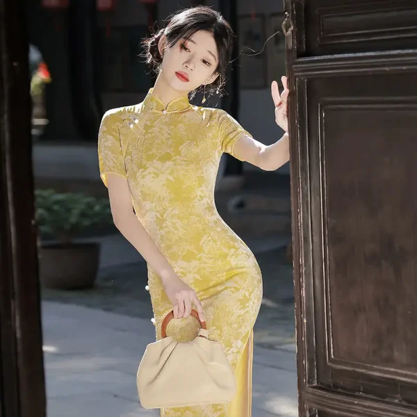 Kf S4677abf02be64404b595b33ecdb9d66be Yellow Long Cheongsam Women Short Sleeve Slim Vintage Dress Party Costume Dresses S To Xxl Qipao Yellow Long Cheongsam Women Short Sleeve Slim Vintage Dress Party Costume Dresses S To XXL Qipao Green