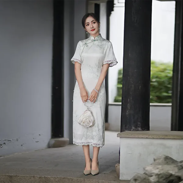 Kf S483a1ef7b9684e5da2023cb83efdce1dv High End Ruffle Sleeve High Quality Real Silk Dress Suzhou Silk White Cheongsam Qipao Women S High-End Ruffle Sleeve High Quality Real Silk Dress Suzhou Silk White Cheongsam Qipao Women's Summer Young Long Slightly Fat