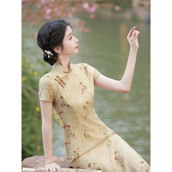 Kf S4a10517761f74cf38f953be80aa3149c7 Improved Yellow Printed Cheongsam Young Girl Summer Chinese Style High End Dress Retro Elegant Temperament Split Improved Yellow Printed Cheongsam Young Girl Summer Chinese Style High-end Dress Retro Elegant Temperament Split Qipao Chinoise