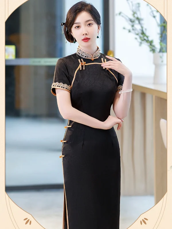 Kf S4acc05b974b343089e04a100b2b9f6ebd Yourqipao 2023 Summer Long Slim Silk Black Cheongsam Catwalk Banquet Retro Elegant Qipao Chinese Style Evening Summer Long Slim Silk Black Cheongsam Catwalk Banquet Retro Elegant Qipao Chinese Style Evening Dress for Women