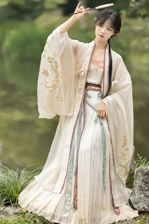 Kf S4e905e205d0f437cbd25a6c9a53f047ch Air Kuno Dinasti Song Hanfu Gaun Wanita Kemeja Lengan Panjang Bordir Tradisional Cina Ganda Breasted Musim Panas Beige