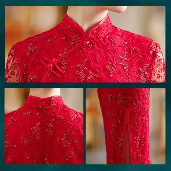 Kf S507b27fd12024fe3917264ce8394001de 2024 New Big Red Cheongsam Women S Short Sleeved Perspective Lace Evening Dress Slanted Placket Stand new big red cheongsam women's short sleeved perspective lace evening dress slanted placket stand collar improved version