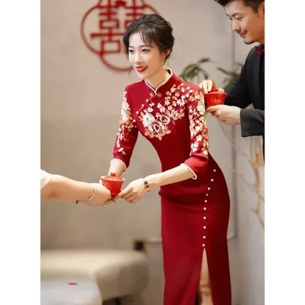 Kf S52e2c57b623843d194b636c340e93d50k Burgundy Wedding Cheongsam Engagement Dress New Chinese Qipao Toast Clothes Retro Mandarin Collar Improved Sexy Slit Wedding Cheongsam Engagement Dress New Chinese Qipao Toast Clothes Retro Mandarin Collar Improved Sexy Slit Slim Dress