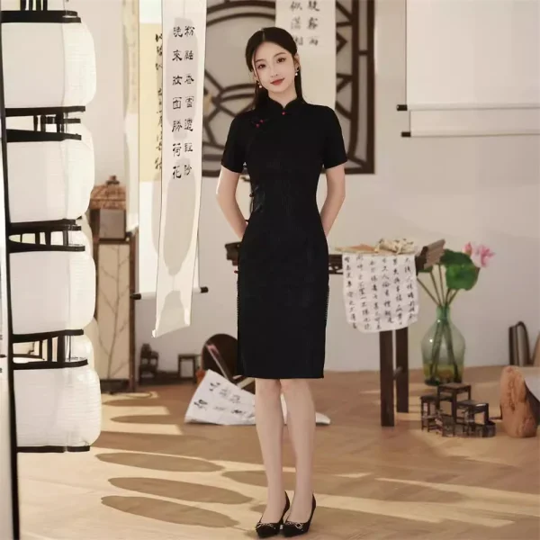 Kf S5491437650024043987a78df769796f4c Summer Black Cheongsam Mid Length Elegant Retro Qipao Lady Short Sleeved Temperament High End Chinese Traditional Summer Black Cheongsam Mid-length Elegant Retro Qipao Lady Short-sleeved Temperament High-end Chinese Traditional Evening Dress