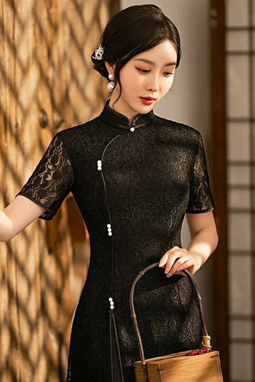 Kf S5576653d3e34454b8f393f2768da4ffch Black A Line Chinese Qipao Dress For Women Short Sleeve Lace Improved Aodai Cheongsam Formal Party Black A-Line Chinese Qipao Dress For Women Short Sleeve Lace Improved Aodai Cheongsam Formal Party Gown Full Slip Lace Vestidos