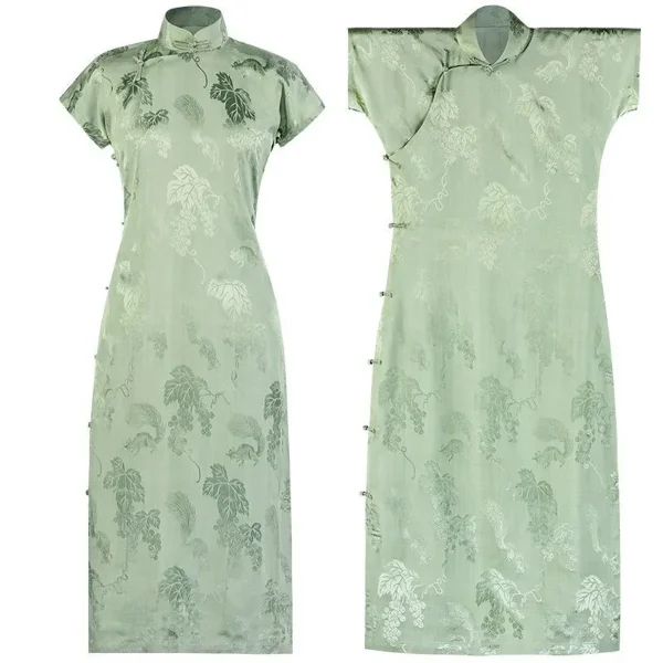 Kf S57d53b21705542b3b295e8ae46f47d68h Summer Satin Chinese Women Leaf Wedding Qipao Vintage Mandarin Collar Green Casual Cheongsam Short Sleeve Evening Summer Satin Chinese Women Leaf Wedding Qipao Vintage Mandarin Collar Green Casual Cheongsam Short Sleeve Evening Midi Dress