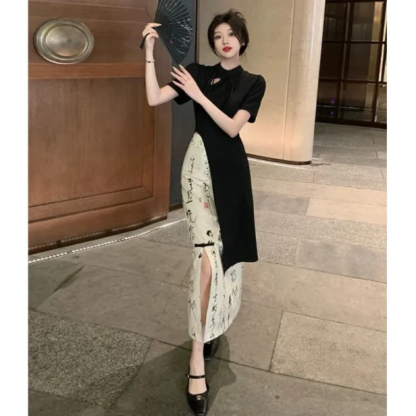 Kf S584835d3a4a549b98892c504bf7634c6q New Chinese Style High Grade Irregular Calligraphy Half Body Dress Fashion Qipao Two Piece Set Skirt New Chinese Style High Grade Irregular Calligraphy Half Body Dress Fashion Qipao Two Piece Set Skirt Women's Summer Hanfu Suit