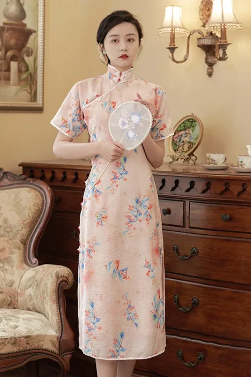 Kf S5b105fc5d09740d3ac8625b767eee83bu Women Pink Cheongsam Floral Short Sleeve Vintage Dress Slim Female Fashion Costumes Traditional Qipao S To Women Pink Cheongsam Floral Short Sleeve Vintage Dress Slim Female Fashion Costumes Traditional Qipao S To XXL