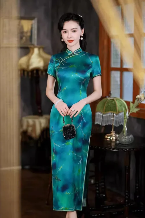 Kf S5ba04fa56be742eba1cb71968938cbf6q Haute Qualité Véritable Soie Qipao Cheongsam Haut Jupe Porter Femme Banquet Vêtements Robe Tempérament Modifié