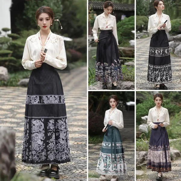 Kf S5bbeca784a154dcb8dff73aa93a2e45cf Elegant Long Skirt Suit Women S Floral Embroidered Hanfu Costume Set With Horse Face Skirt V Elegant Long Skirt Suit Women's Floral Embroidered Hanfu Costume Set with Horse-face Skirt V Neck Top Lace-up for Mamianqun