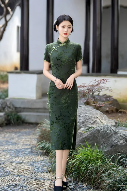 Kf S5d830c11612f4a618308cbc842d69484k 2024 Spring Summer Green Qipao New Retro Chinese Style Improved Qipao Slim Fit Comfortable Flocking Qipao Spring/Summer Green Qipao New Retro Chinese Style Improved Qipao Slim Fit Comfortable Flocking Qipao Skirt