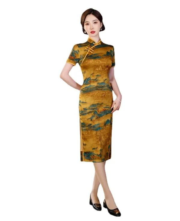 Kf S5ec82dcdcf394179af3d6aca2d54ac509 Summer Improved Yellow Print Cheongsam Chinese Style Women Party Short Sleeve Qipao Summer Improved Yellow Print Cheongsam Chinese Style Women Party Short Sleeve Qipao