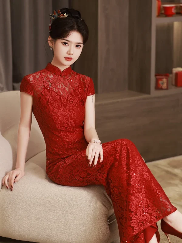 Kf S5f9a1b306633438b94066d6779652738j Red Lace Cheongsam Short Sleeve Improved Vintage Fishtail Dress Women Wedding Costumes Qipao S To Xxxl Red Lace Cheongsam Short Sleeve Improved Vintage Fishtail Dress Women Wedding Costumes Qipao S To XXXL