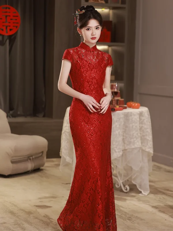 Kf S618a825817ef4694ba4b326c293cfa73q Red Lace Cheongsam Short Sleeve Improved Vintage Fishtail Dress Women Wedding Costumes Qipao S To Xxxl Red Lace Cheongsam Short Sleeve Improved Vintage Fishtail Dress Women Wedding Costumes Qipao S To XXXL