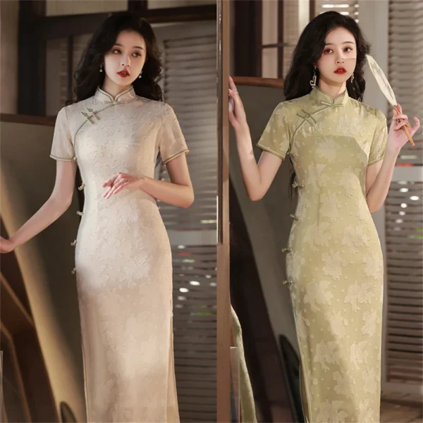 Kf S65bfbf474b1f43e3af4dae52f907dba4u Beige Chiffon Improved Cheongsam Ladies Spring Chinese Traditional Short Sleeved Retro Split Dress Slim Qipao Evening Beige Chiffon Improved Cheongsam Ladies Spring Chinese Traditional Short-sleeved Retro Split Dress Slim Qipao Evening Party Gown