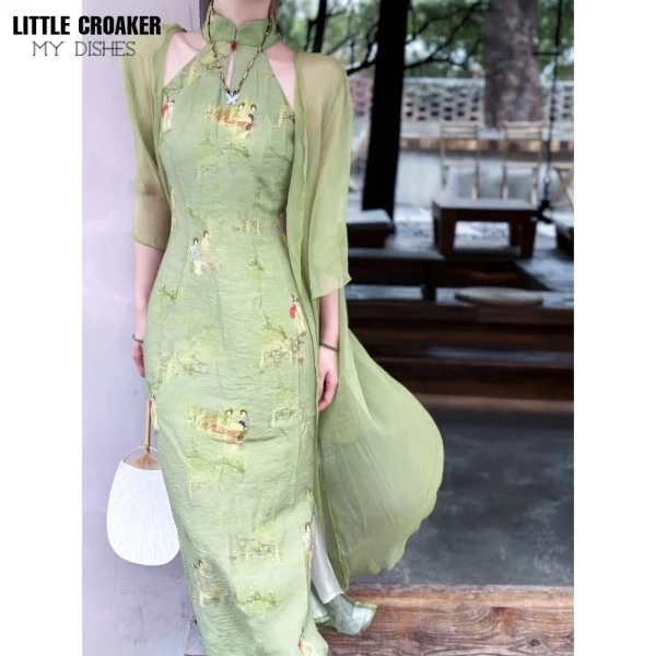 Kf S65d7fa1b8c0a43799b750cbd12a2101au Women Spring And Summer Cheongsam Original New Chinese Classical Hanging Cicpao Long Neck Dress Cool Green Women Spring and Summer Cheongsam Original New Chinese Classical Hanging Cicpao Long Neck Dress Cool Green Improved Qipao