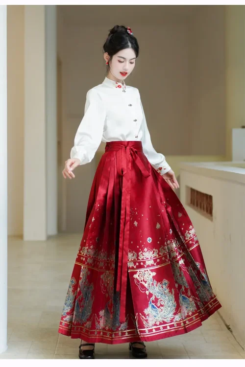 Kf S69e69be1fd8040c7b7433447f956211bj Spring Hanfu Horse Face Skirt Women Chinese Ming dynasty Modern Jacquard Red Hanfu Pleats Skirt Plus Size XL