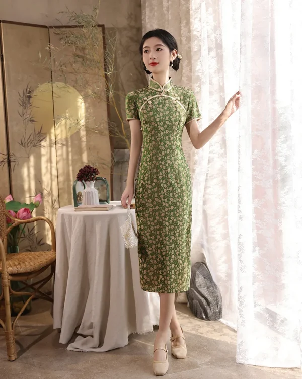 Kf S6ae34c31f92b44a3805c1eff9a02502eg 2024 Spring Summer New Improved Qipao Daily Green Slim Fit Mid Length Style New Chinese Vintage Spring/Summer New Improved Qipao Daily Green Slim Fit Mid length Style New Chinese Vintage Women's Cheongsam Dress