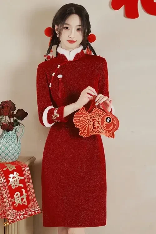 Kf S6b160514e0234824b6091add59422b19k 2023 Red Cheongsam Modern Chinese Dress For Girls New Year A Line Dress Women Qipao Traditional Red Cheongsam Modern Chinese Dress for Girls New Year A-line Dress Women Qipao Traditional Chinese Improved Cheongsam Dress