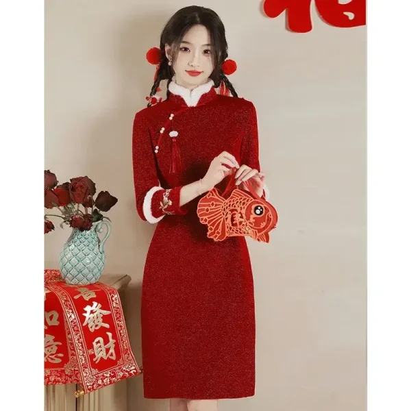 Kf S6b160514e0234824b6091add59422b19k 2023 Red Cheongsam Modern Chinese Dress For Girls New Year A Line Dress Women Qipao Traditional Red Cheongsam Modern Chinese Dress for Girls New Year A-line Dress Women Qipao Traditional Chinese Improved Cheongsam Dress