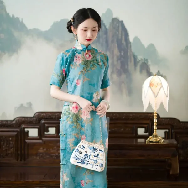 Kf S6b72bfe5dbae496db5f3f8e912c3fc37b Summer Chinese Style Women Elegant Printed Cotton Linen Retro Qipao Buttoned Loose Blue Traditional Cheongsam Long Summer Chinese Style Women Elegant Printed Cotton Linen Retro Qipao Buttoned Loose Blue Traditional Cheongsam Long Dress Robe