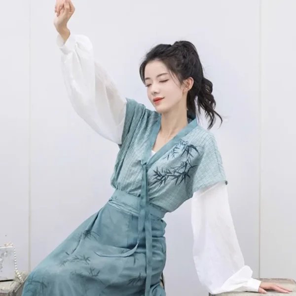 Kf S6c7e4d6f7fbe40bb834c819d0390ff14i 2024 Autumn Elegant Blue Bamboo Printed Long Sleeves Hanfu Dresses 3pcs Women S Improved Modern Casual Autumn Elegant Blue Bamboo Printed Long Sleeves Hanfu Dresses 3pcs Women's Improved Modern Casual Clothes Vestidos Chinos