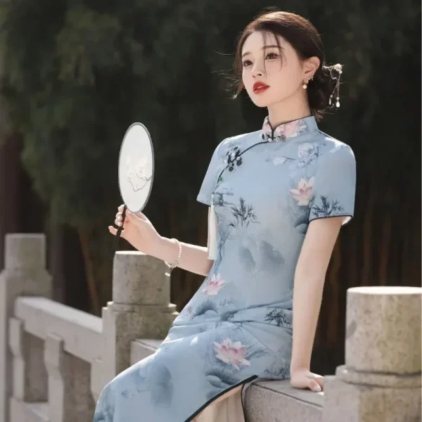 Kf S703b2794c65847889eee0669918b7f91f Hot Sale New Chinese Style Blue Slim Long Cheongsam With Improved Summer Print For Girls Daily Hot Sale New Chinese Style Blue Slim Long Cheongsam with Improved Summer Print for Girls' Daily Vintage Short Sleeve Dresses