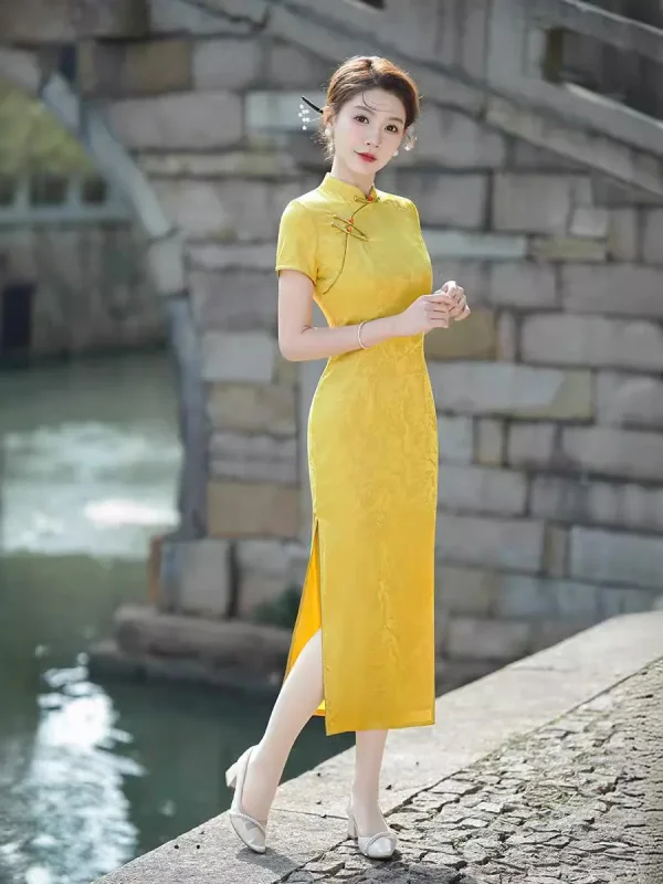 Kf S711e8b11748746d787ee780d3ae94907c Yellow Qipao 2024 New Summer Retro Republic Jacquard Young Girl Style Improvement Dress Yellow Qipao New Summer Retro Yellow Cheongsam Improvement Dress