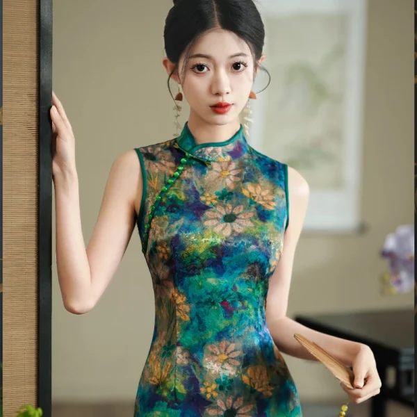 Kf S7372fb905669446698f6c40a31d10278r Sexy Sleeveless Slim Fit Qipao New Chinese Style Improved Girl S Retro Printed Cheongsam Elegant Temperament Sexy Sleeveless Slim Fit Qipao New Chinese Style Improved Girl's Retro Printed Cheongsam Elegant Temperament Long Dress Vestidos