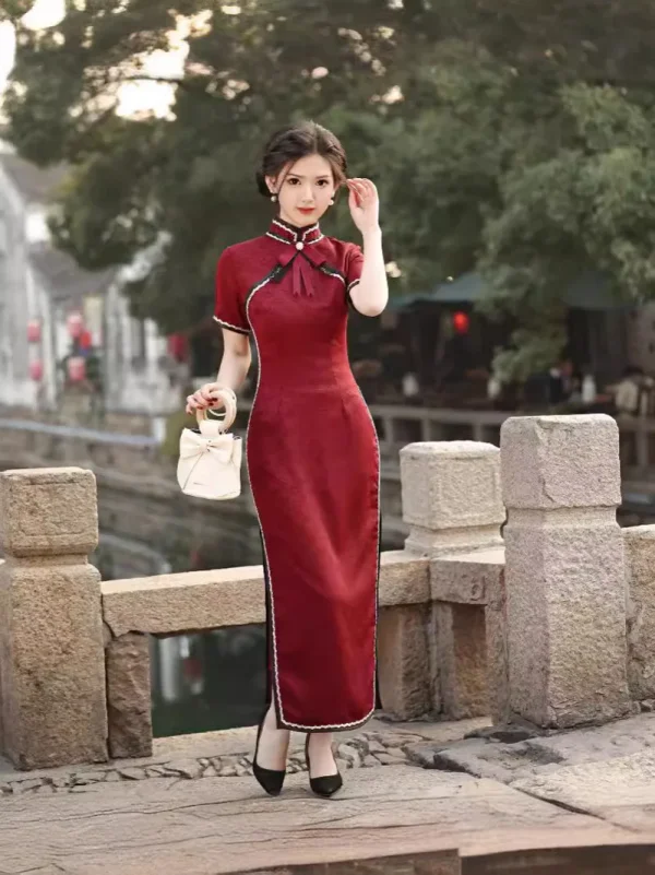 Kf S73a4e85fc90e47a4af1efc5c6a15afb19 Spring Summer New Mom S Long Cheongsam Wine Red Qipao Lace Retro Art Style Bow Cheongsam Spring Summer New Mom's Long Cheongsam Wine Red Qipao Lace Retro Art Style Bow Cheongsam ng Art Slimming Qipao