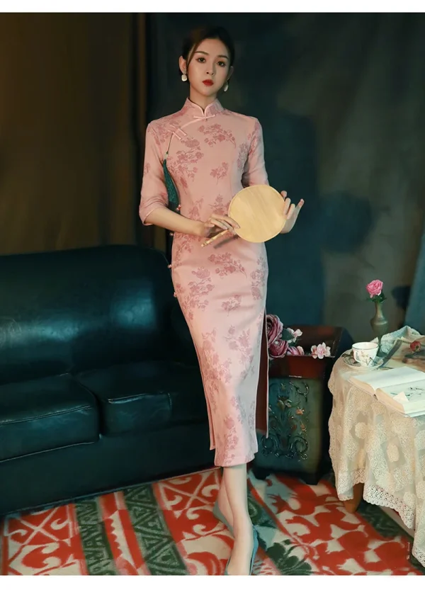 Kf S73b46690139e4ec28b581a1ee743eee2v Women Pink Floral Cheongsam Vintage Suede Dress Chinese Style Traditional Long Sleeve Dresses Slim Qipao S Women Pink Floral Cheongsam Vintage Suede Dress Chinese Style Traditional Long Sleeve Dresses Slim Qipao S To XXL