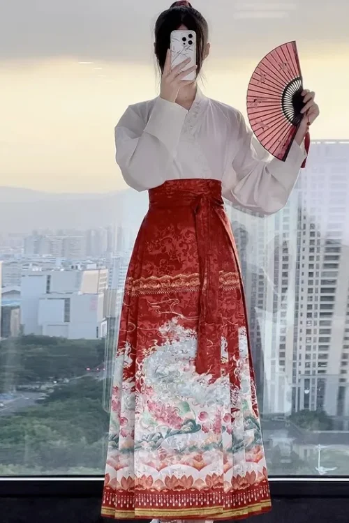 Kf S759549f337974d079db16f9853e69865m Hanfu Wanita Gaya Cina Baru Rok Wajah Kuda yang Ditingkatkan Pakaian Harian Atasan Kerah Silang Mamianqun Set Pakaian Tradisional