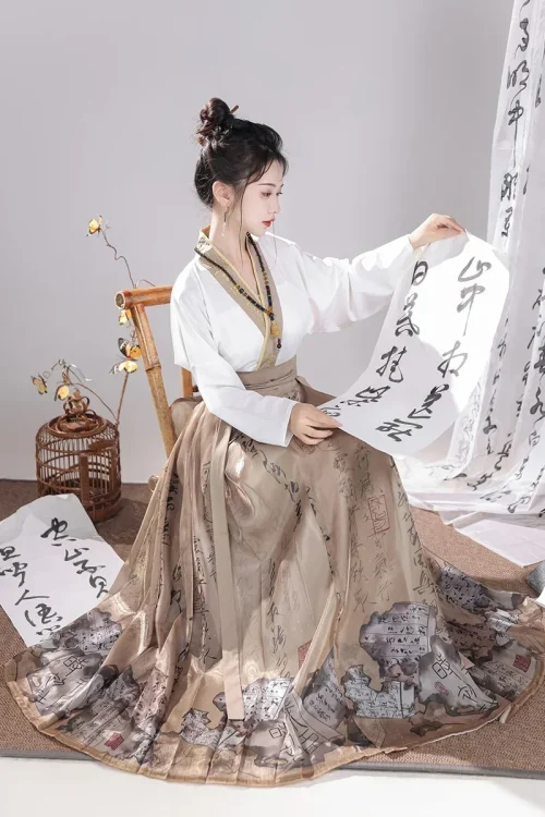 Kf S766d182bd73f42d4a7e5fcd85393e313m 3 Pc Set Female Ming Dynasty Chinese Modern Tops Horse Face Skirt Improvement Penmanship Brown Half 3 Pc Set Female Ming Dynasty Chinese Modern Tops Horse Face Skirt Improvement Penmanship Brown Half Skirts Antique Suit Hanfu