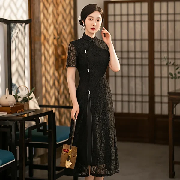 Kf S76911ab9af884ff98ea8bc56e7041966d Black A Line Chinese Qipao Dress For Women Short Sleeve Lace Improved Aodai Cheongsam Formal Party Black A-Line Chinese Qipao Dress For Women Short Sleeve Lace Improved Aodai Cheongsam Formal Party Gown Full Slip Lace Vestidos