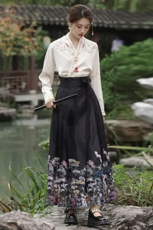 Kf S77ced1f295e8410f9f759663bbb43049e Elegant Long Skirt Suit Women S Floral Embroidered Hanfu Costume Set With Horse Face Skirt V Elegant Long Skirt Suit Women's Floral Embroidered Hanfu Costume Set with Horse-face Skirt V Neck Top Lace-up for Mamianqun