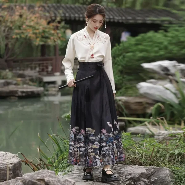 Kf S77ced1f295e8410f9f759663bbb43049e Elegant Long Skirt Suit Women S Floral Embroidered Hanfu Costume Set With Horse Face Skirt V Elegant Long Skirt Suit Women's Floral Embroidered Hanfu Costume Set with Horse-face Skirt V Neck Top Lace-up for Mamianqun