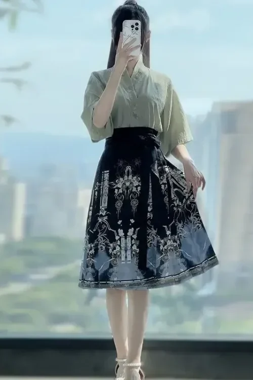 Kf S7816279f24834bb8b5961090a14a681bo Summer Song Dynasty Sweet Cross Collar Short Sleeved Shirt Print Mid Length Horse Face Skirt Women Summer Song Dynasty Sweet Cross Collar Short Sleeved Shirt Print Mid Length Horse Face Skirt Women Improved Japanese Hanfu Suit