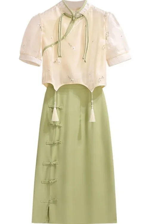 Kf S7831f2e780e84674828b1345201d52523 New Chinese Style Improved Qipao Dress Women Summer Retro Cheongsam Embroidery Short Sleeve Tops Green Skirt New Chinese Style Improved Qipao Dress Women Summer Retro Cheongsam Embroidery Short Sleeve Tops Green Skirt Two Piece Set