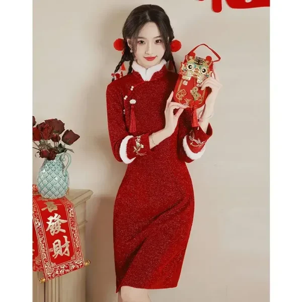 Kf S7a5662ccdbba45c687b7ea520a2e01171 2023 Red Cheongsam Modern Chinese Dress For Girls New Year A Line Dress Women Qipao Traditional Red Cheongsam Modern Chinese Dress for Girls New Year A-line Dress Women Qipao Traditional Chinese Improved Cheongsam Dress