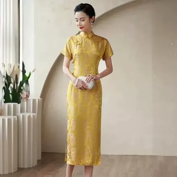 Kf S7dd1626a6648447bbac55ce6a4f94212q High End Quality Real Silk Cheongsam Qipao Yellow Toast Chinese Dress High-End Quality Real Silk Cheongsam Qipao Yellow Toast Chinese Dress